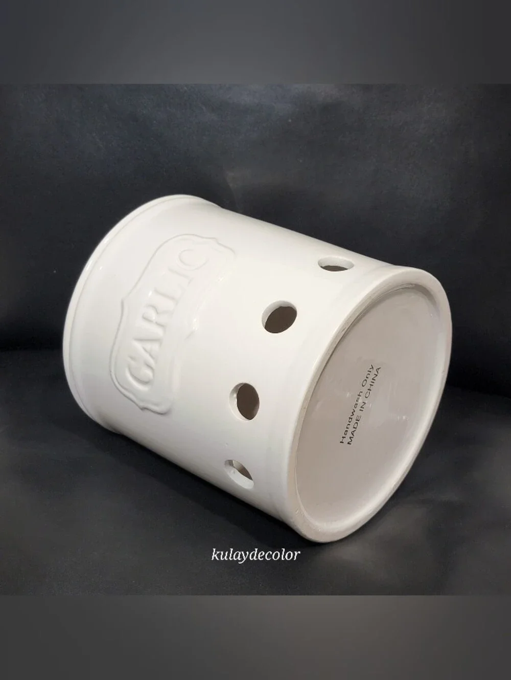 Vintage White Ceramic Garlic Keeper Canister Jar with Lid Embossed GARLIC 7
